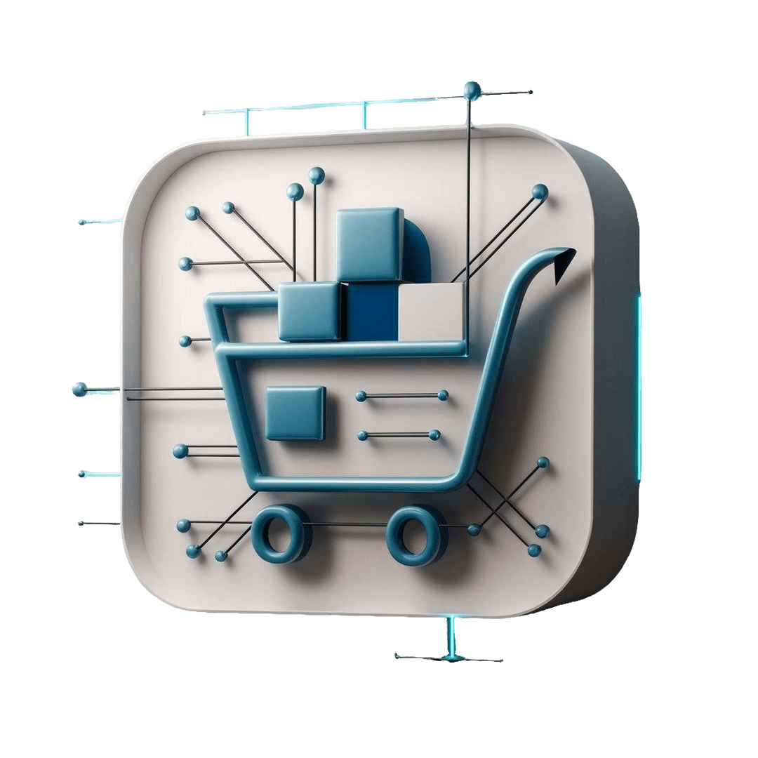 "E-commerce solutions icon by Las Cucarachas Digital Marketing and Business Development Agency, featuring a shopping cart and smartphone storefront in blue and white."