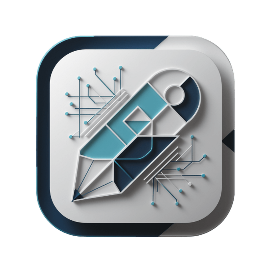 "Content creation icon by Las Cucarachas Digital Marketing and Business Development Agency, featuring a pencil, notebook, and lightbulb in blue and white."