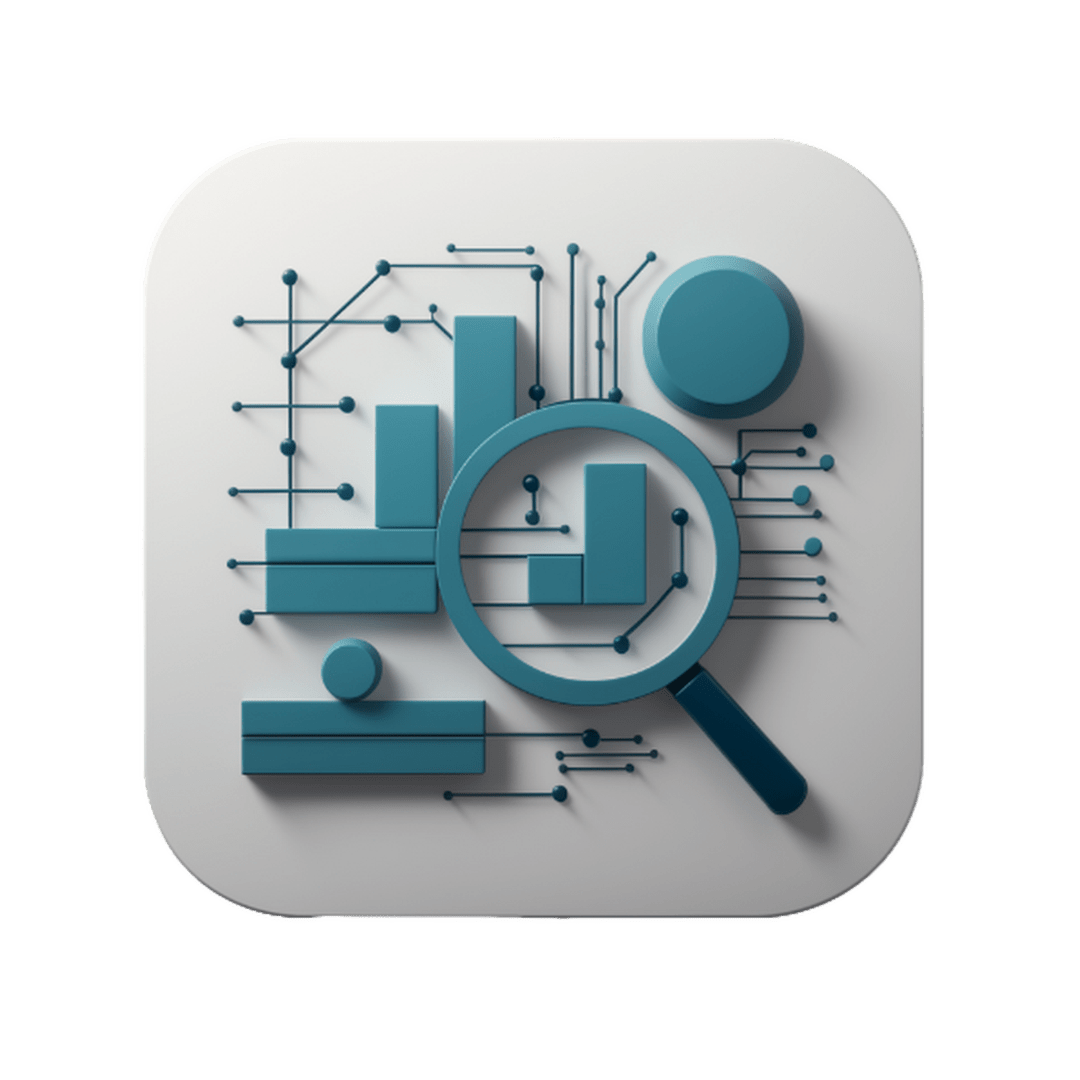 "Market research icon by Las Cucarachas Digital Marketing and Business Development Agency, showcasing a magnifying glass over bar and pie charts in blue and white."