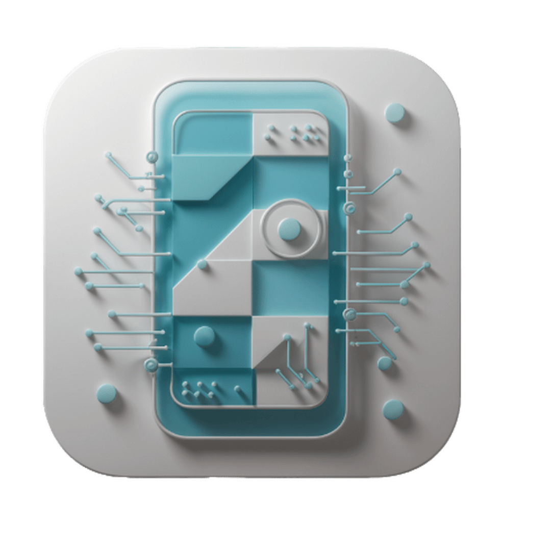 "Mobile app development icon by Las Cucarachas Digital Marketing and Business Development Agency, showcasing a smartphone with code symbols in blue and white."
