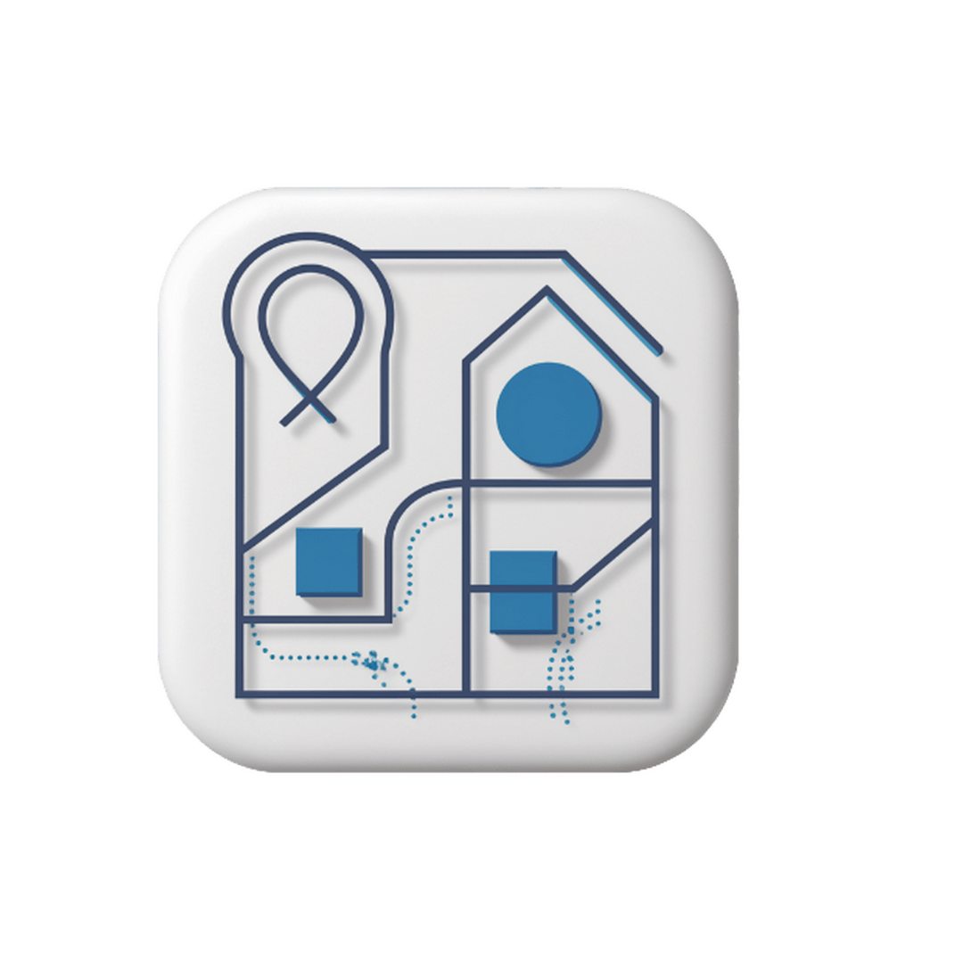 "Venue selection icon by Las Cucarachas Digital Marketing and Business Development Agency, showcasing a map pin and building outline in blue and white."