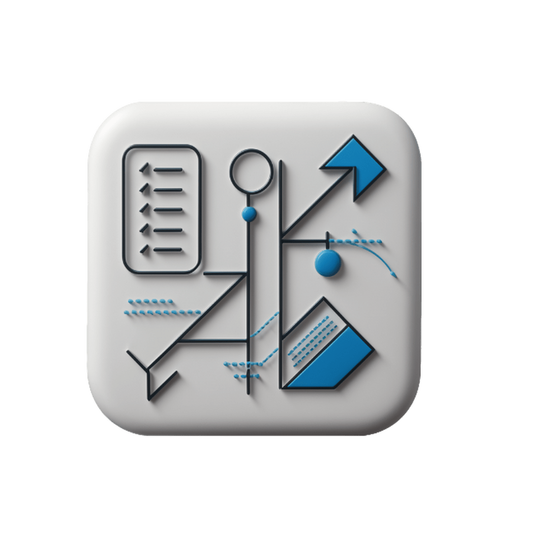 "Logistics coordination icon by Las Cucarachas Digital Marketing and Business Development Agency, showcasing a checklist and arrows in blue and white."
